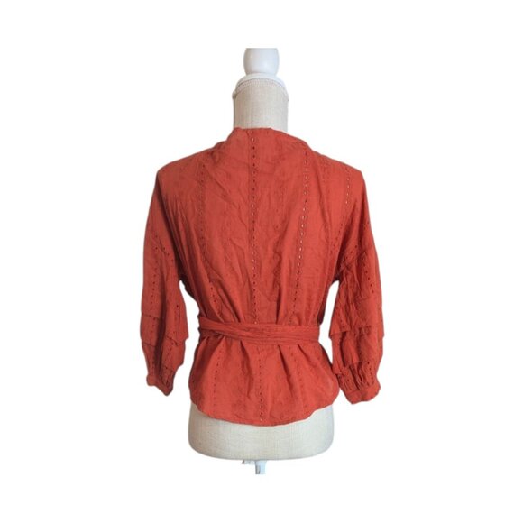 Forever 21 Women's Size S Rust Orange Eyelet Cotton Puff Sleeve Wrap Blouse Top - Picture 5 of 6
